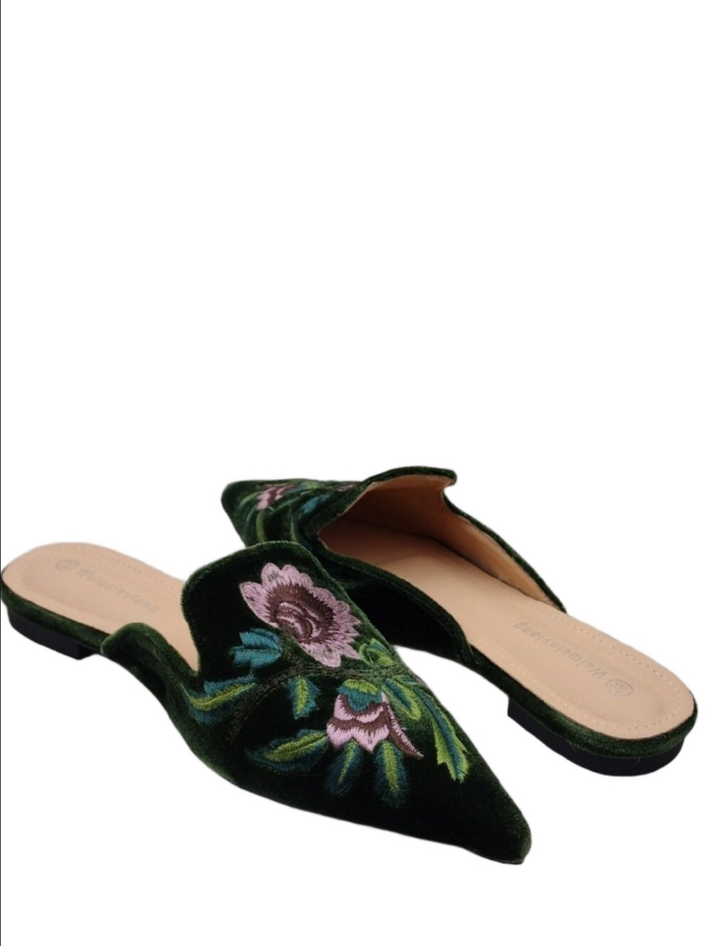 Weiweinvlang Dark Green Floral Embroidered Velvet Point Toe Low Heel Mule Shoe - Picture 1 of 16